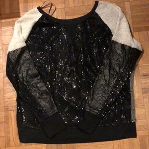 Miss Me rocker glam sequin/sweatshirt/pleather top